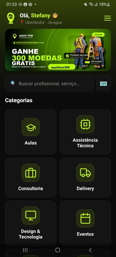 Tela inicial real do aplicativo Aquii Tem para Android