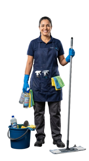 Diarista com seus equipamentos de limpeza